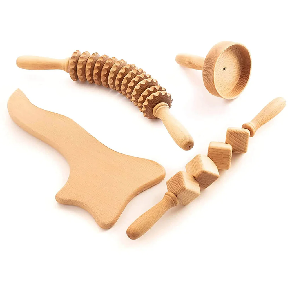 4 piece wooden massager set maderotherapy roller paddle swedish cup cellulite lymphatic 507