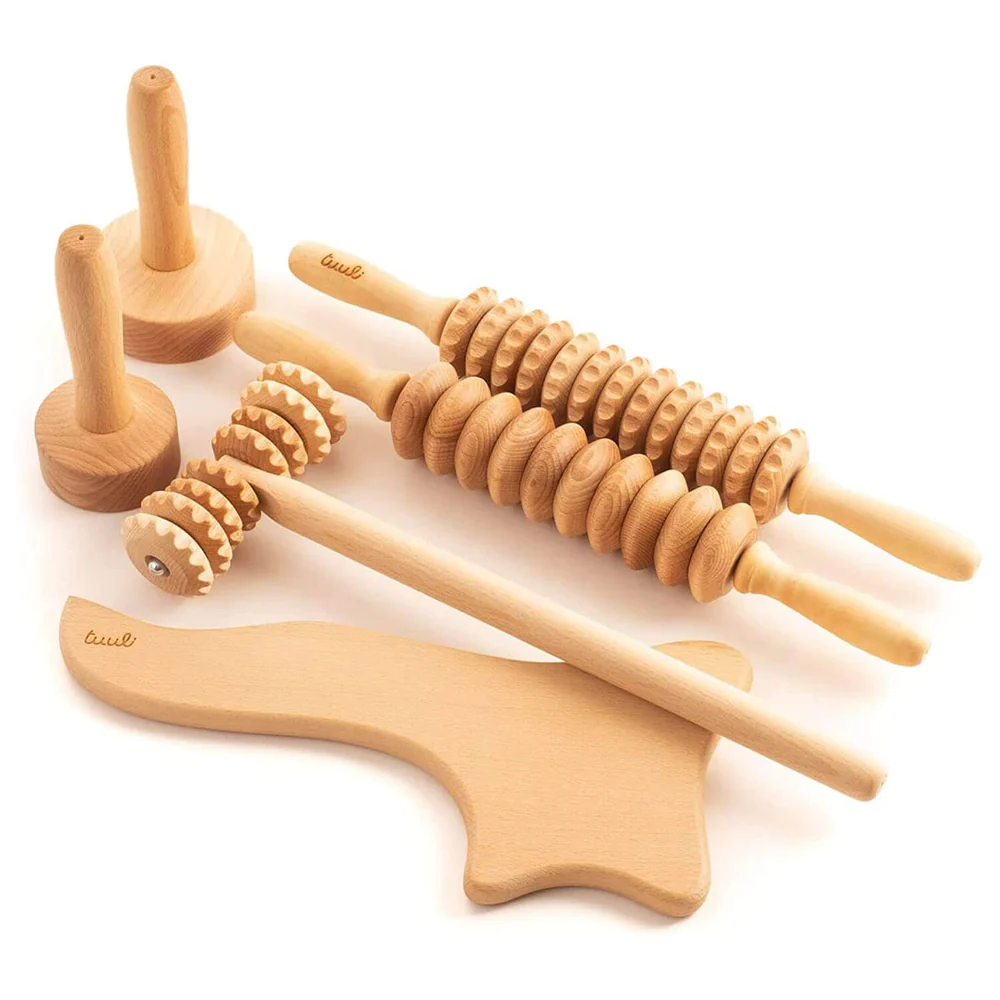 6 piece wooden massager set maderotherapy roller paddle cup cellulite lymphatic drainage 204